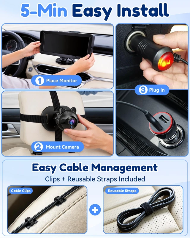 Alt view image 5 of 7 - 1296P Dual Baby Car Camera for 2-Kids: 6.9" Large Split-Screen for Two-Seat | Cable Clips for Clutter-Free Wiring, HD Clear Day & Night View, USB Plug-Play Easy Install for Multiple-Child Parents