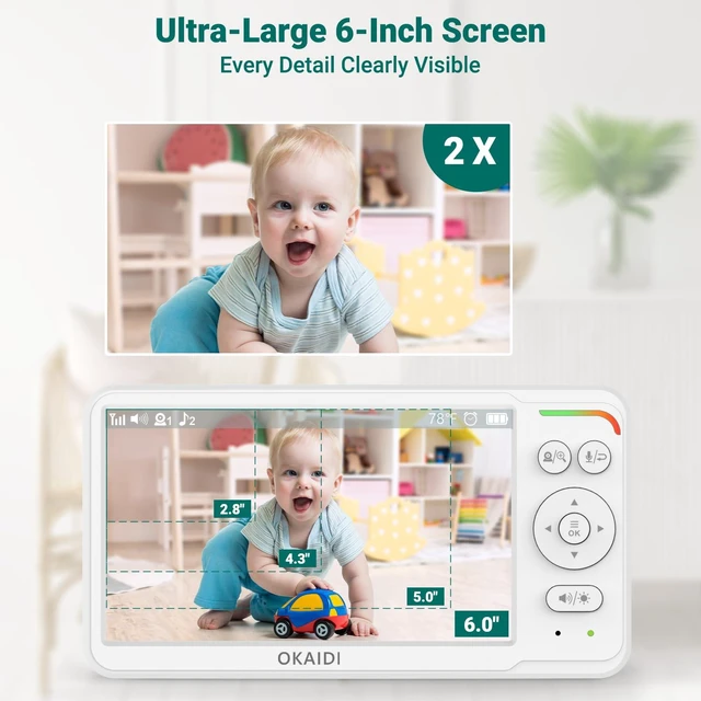 Alt view image 2 of 7 - 6" IPS Screen Baby Monitor with Camera and Audio, Pan-Tilt-Zoom | 30-Hour Battery, 1000ft Range Baby Monitor No WiFi, Night Vision, 2-Way Talk, Home Security Camera, Temperature, 8 Lullabies