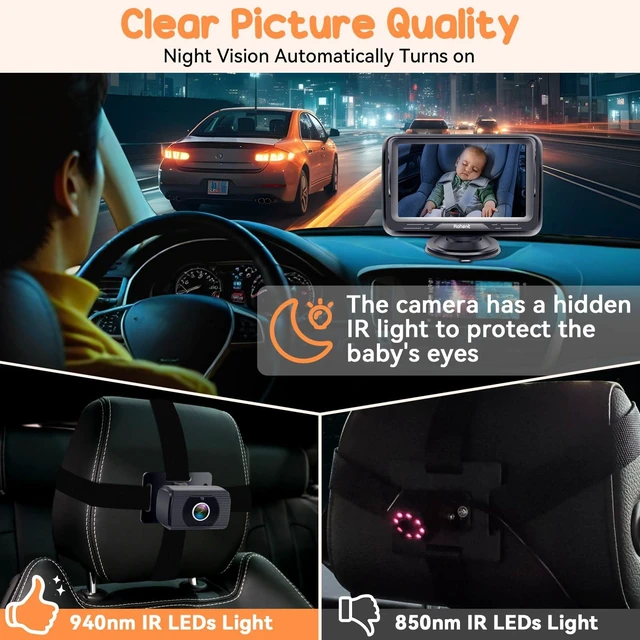 Alt view image 3 of 7 - Baby Camera for Car 2 Pack: Dual HD 1080P Monitors with Night Vision | Provides a Full View of the Baby While Driving Easy Installation for Two Vehicles, Ideal for Road Trips