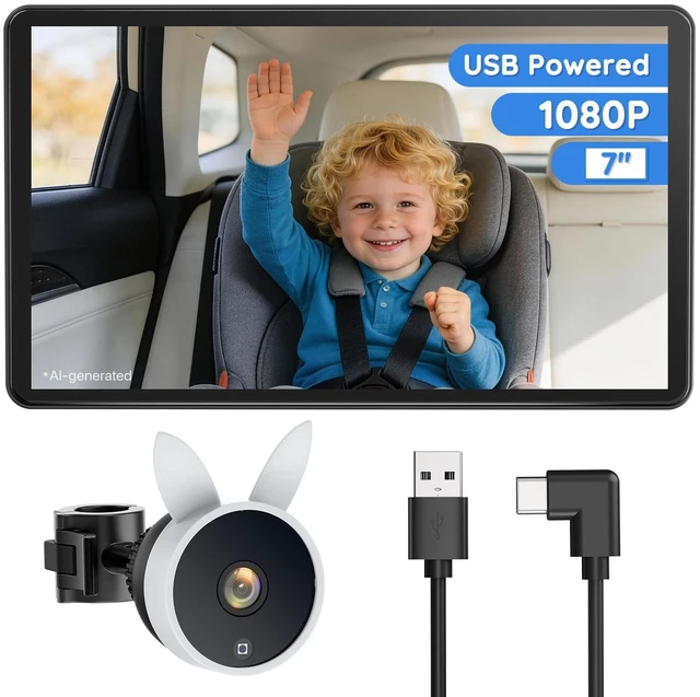 Main image of BV4 Baby Car Camera 7",1080P IPS Display, USB Powered Plug & Play | Auto IR Night Vision, Rear Seat Baby Monitor,Adjustable Brightness,Must Haves for New Parents & Pets Lover