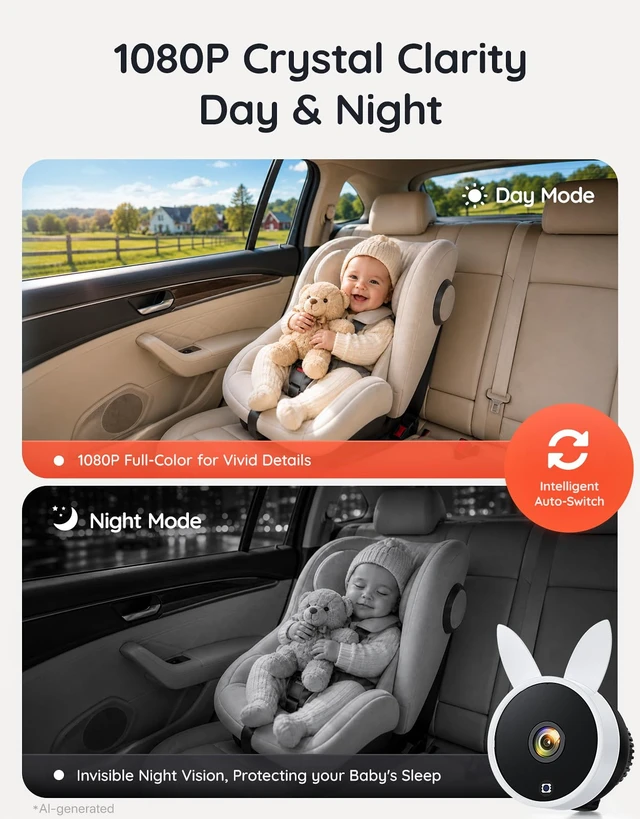 Alt view image 3 of 7 - BV4 Baby Car Camera 7",1080P IPS Display, USB Powered Plug & Play | Auto IR Night Vision, Rear Seat Baby Monitor,Adjustable Brightness,Must Haves for New Parents & Pets Lover