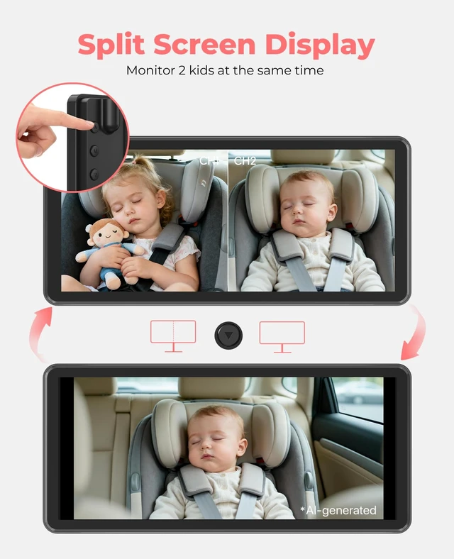 Alt view image 2 of 7 - BM5PRO Dual Baby Car Camera, 7.2" 1080P Monitor | Split Screen for Two Kids, Auto IR Night Vision And 360° Headrest Mount Help Keep Family Road Trips Calm