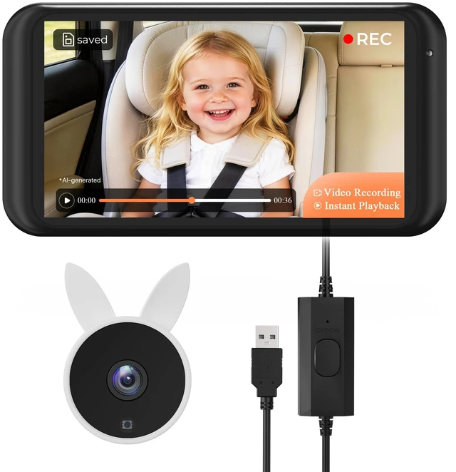 Main image of BV2MAX Baby Car Camera, White 4.5" 1080P Monitor with Recording | Video Recording and Playback, Auto Night Vision And USB Plug-And-Play Power for Clear Rear-Facing Baby Checks