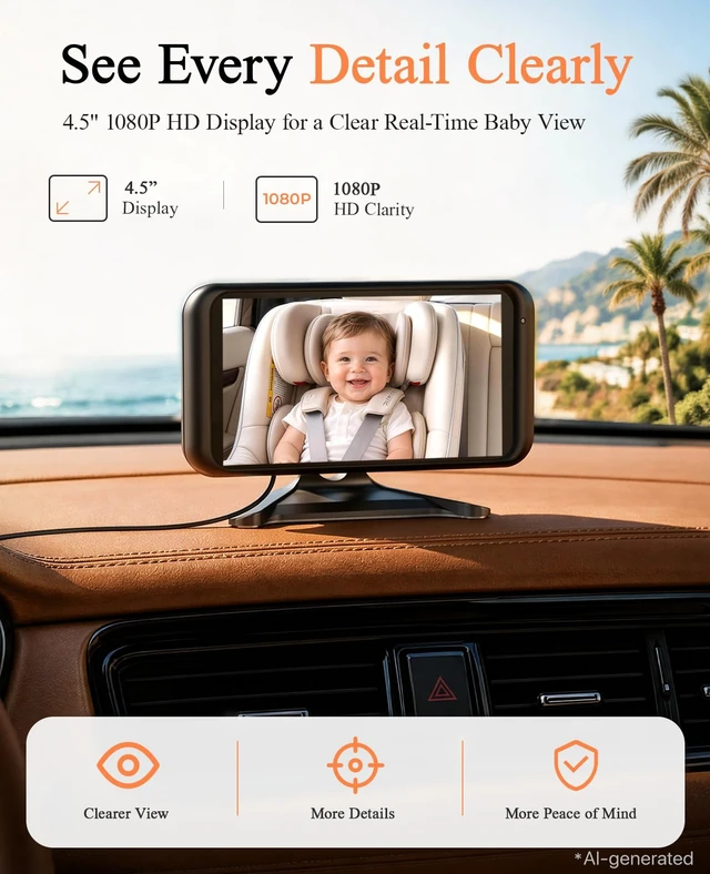 Alt view image 4 of 7 - BV2MAX Baby Car Camera, White 4.5" 1080P Monitor with Recording | Video Recording and Playback, Auto Night Vision And USB Plug-And-Play Power for Clear Rear-Facing Baby Checks