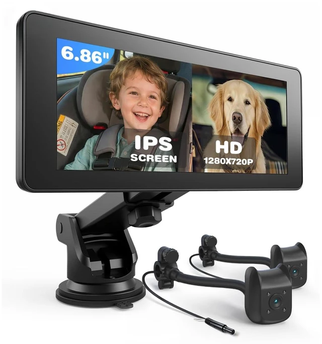 Main image of Baby Car Camera for 2 Kids | 6.86" 1080P IPS Dual-Camera Split Screen Monitor - 360° Rotation IR Night Vision - USB Powered Headrest Mount Baby Car Cam