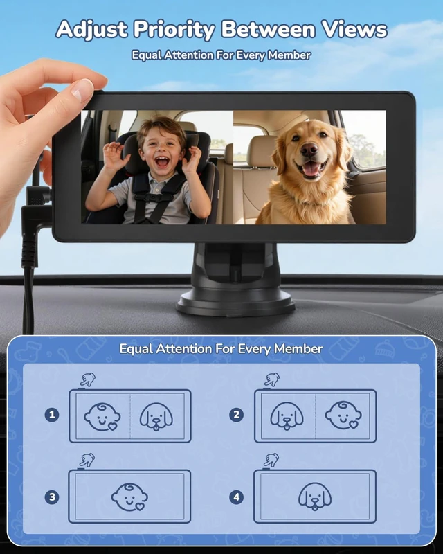 Alt view image 2 of 7 - Baby Car Camera for 2 Kids | 6.86" 1080P IPS Dual-Camera Split Screen Monitor - 360° Rotation IR Night Vision - USB Powered Headrest Mount Baby Car Cam
