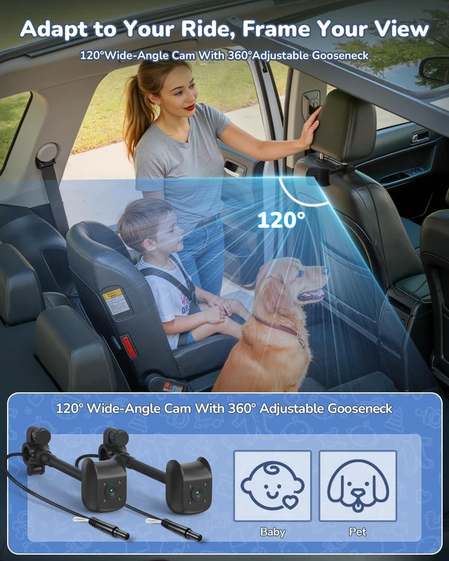 Alt view image 3 of 7 - Baby Car Camera for 2 Kids | 6.86" 1080P IPS Dual-Camera Split Screen Monitor - 360° Rotation IR Night Vision - USB Powered Headrest Mount Baby Car Cam