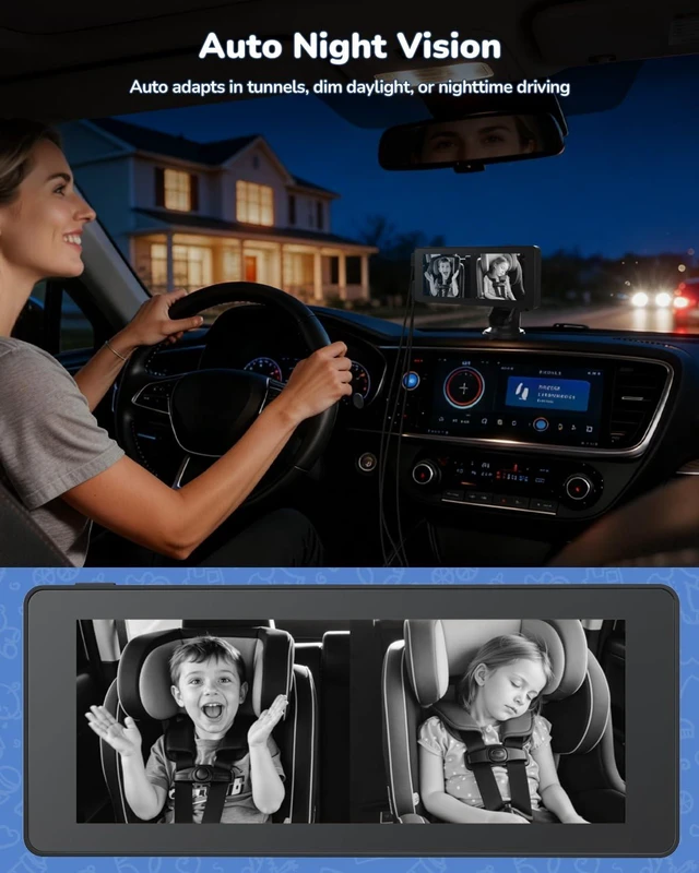 Alt view image 4 of 7 - Baby Car Camera for 2 Kids | 6.86" 1080P IPS Dual-Camera Split Screen Monitor - 360° Rotation IR Night Vision - USB Powered Headrest Mount Baby Car Cam