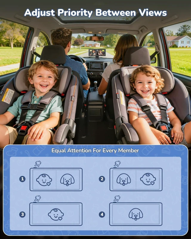 Alt view image 6 of 7 - Baby Car Camera for 2 Kids | 6.86" 1080P IPS Dual-Camera Split Screen Monitor - 360° Rotation IR Night Vision - USB Powered Headrest Mount Baby Car Cam