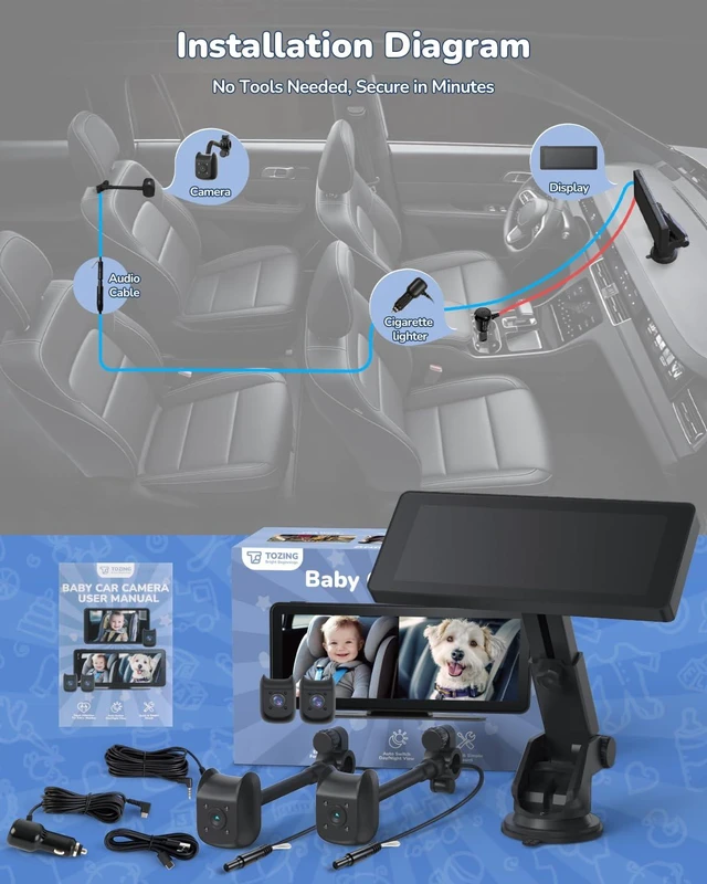 Alt view image 5 of 7 - Baby Car Camera for 2 Kids | 6.86" 1080P IPS Dual-Camera Split Screen Monitor - 360° Rotation IR Night Vision - USB Powered Headrest Mount Baby Car Cam