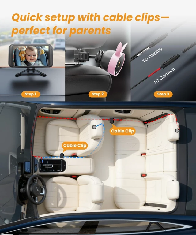 Alt view image 5 of 7 - Baby Car Camera Backseat Monitor USB Power | Wide Angle 1080 HD Night Vision Camera with 360° Rotation, Rear Facing Car Seat Monitor for Kids Toddlers & Pet SafetyPink