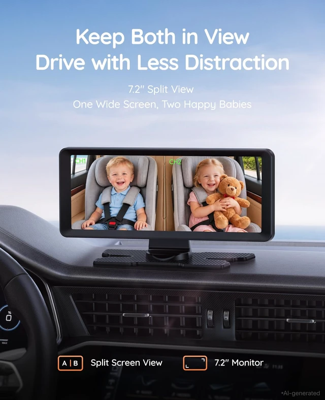 Alt view image 2 of 7 - BV3PRO Dual Car Camera Baby Monitor, 7.2" 1080P Split Screen | IR Night Vision, Easy Setup and Adjustable Brightness Help Monitor Two Kids and Pets in Rear-Facing Seats