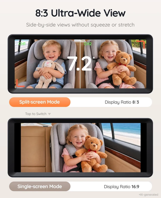 Alt view image 5 of 7 - BV3PRO Dual Car Camera Baby Monitor, 7.2" 1080P Split Screen | IR Night Vision, Easy Setup and Adjustable Brightness Help Monitor Two Kids and Pets in Rear-Facing Seats