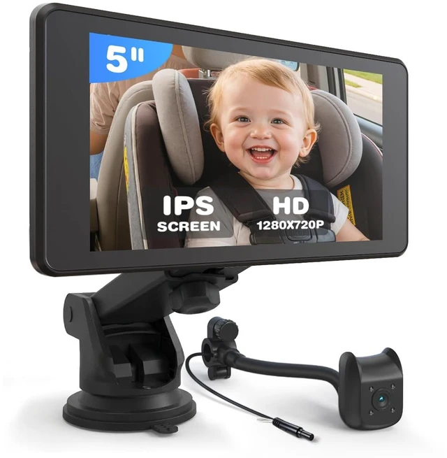 Main image of Baby Car Camera Monitor | 5" 1080P IPS Suction Cup Screen - 360° Rotation IR Night Vision 3X Zoom - USB Powered Headrest Mount for Baby Car Cam