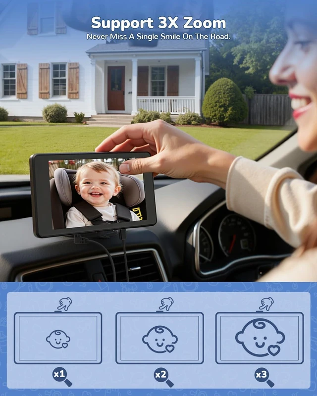 Alt view image 2 of 7 - Baby Car Camera Monitor | 5" 1080P IPS Suction Cup Screen - 360° Rotation IR Night Vision 3X Zoom - USB Powered Headrest Mount for Baby Car Cam