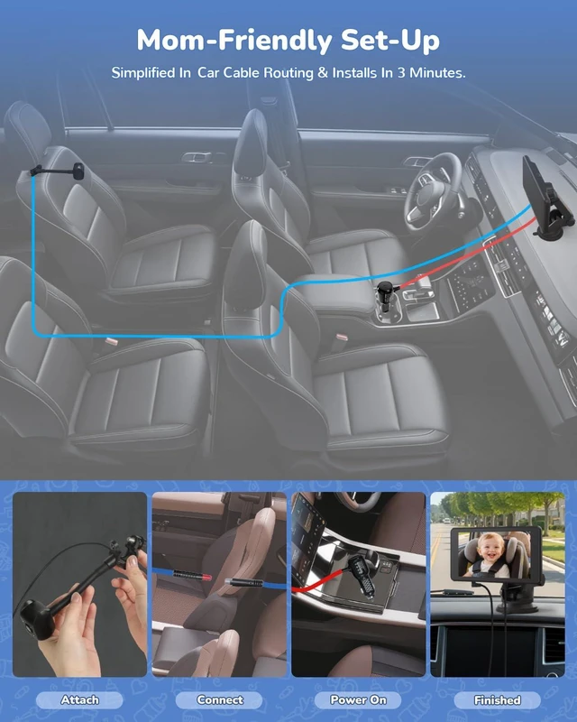 Alt view image 5 of 7 - Baby Car Camera Monitor | 5" 1080P IPS Suction Cup Screen - 360° Rotation IR Night Vision 3X Zoom - USB Powered Headrest Mount for Baby Car Cam