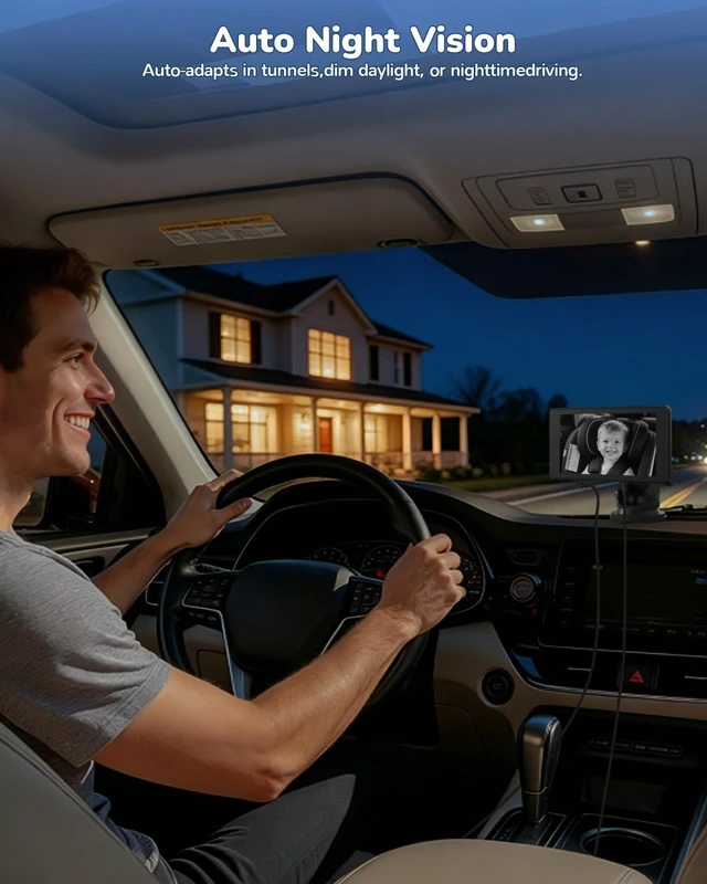 Alt view image 4 of 7 - Baby Car Camera Monitor | 5" 1080P IPS Suction Cup Screen - 360° Rotation IR Night Vision 3X Zoom - USB Powered Headrest Mount for Baby Car Cam