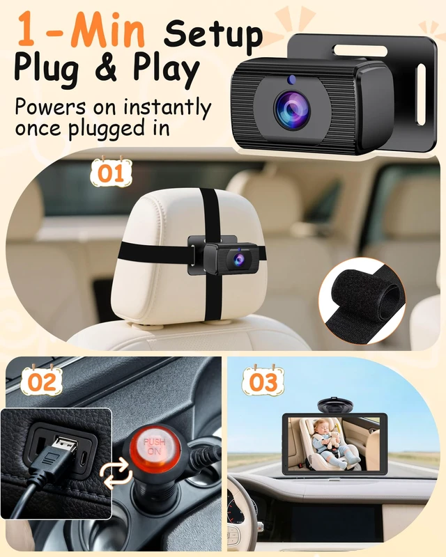 Alt view image 6 of 7 - Baby Car Camera 7.2-Inch Monitor: 1080P HD Rear Facing Infant | Backseat Camera with Night Vision 360° Rotation Wide Angle USB Plug & Play Anti-Glare Screen for Safe Driving F25