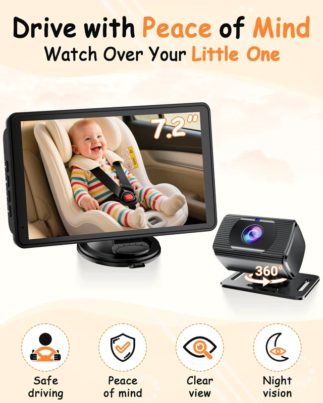 Alt view image 5 of 7 - Baby Car Camera 7.2-Inch Monitor: 1080P HD Rear Facing Infant | Backseat Camera with Night Vision 360° Rotation Wide Angle USB Plug & Play Anti-Glare Screen for Safe Driving F25