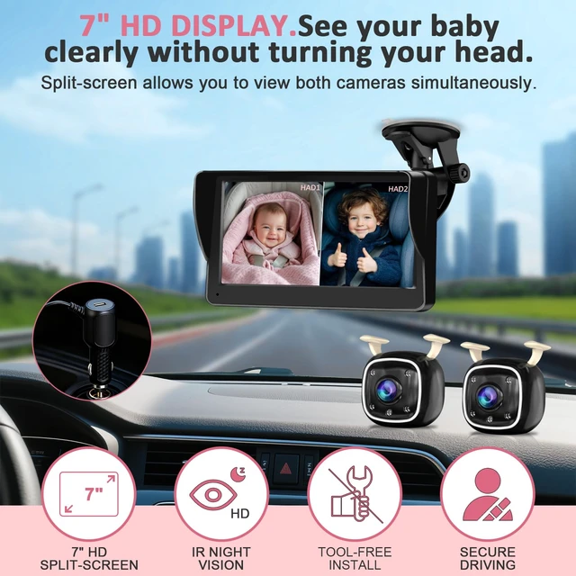 Alt view image 2 of 7 - Baby Car Camera for Twins HD 1080P Dual Rear Facing Infant Monitor 7 Inch Ultrawide Display 940nm Night Vision Car Seat Camera for 3 Row SUVs