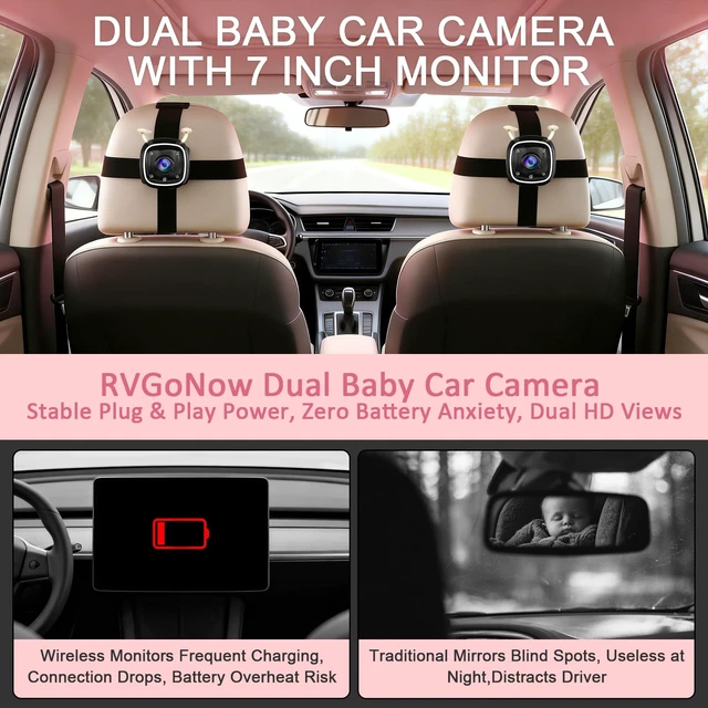 Alt view image 3 of 7 - Baby Car Camera for Twins HD 1080P Dual Rear Facing Infant Monitor 7 Inch Ultrawide Display 940nm Night Vision Car Seat Camera for 3 Row SUVs