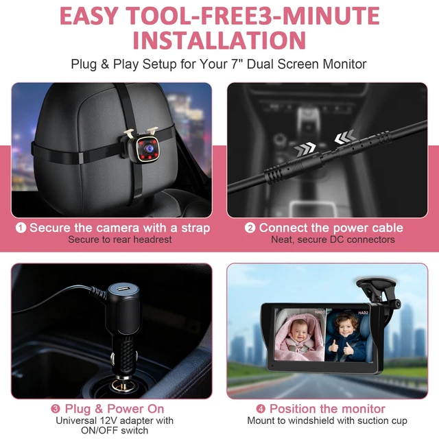 Alt view image 7 of 7 - Baby Car Camera for Twins HD 1080P Dual Rear Facing Infant Monitor 7 Inch Ultrawide Display 940nm Night Vision Car Seat Camera for 3 Row SUVs