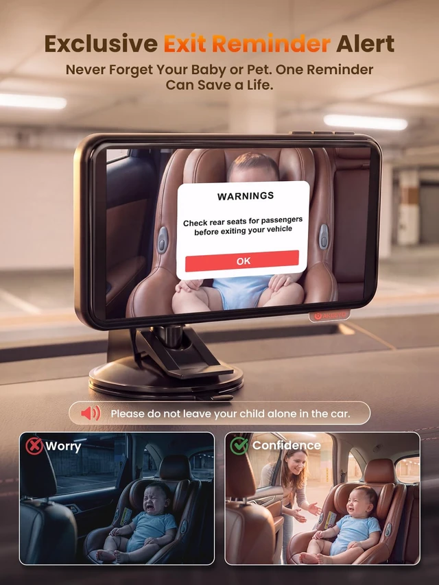 Alt view image 3 of 7 - Baby Car Monitor, 5.5'' 1080P HD Touchscreen, 122° IR Night Vision Camera, Voice Control, App View, Back Seat Child Reminder Anti-Heatstroke, Parking Mode, 3 Mounts for Windshield/Vent/Headrest