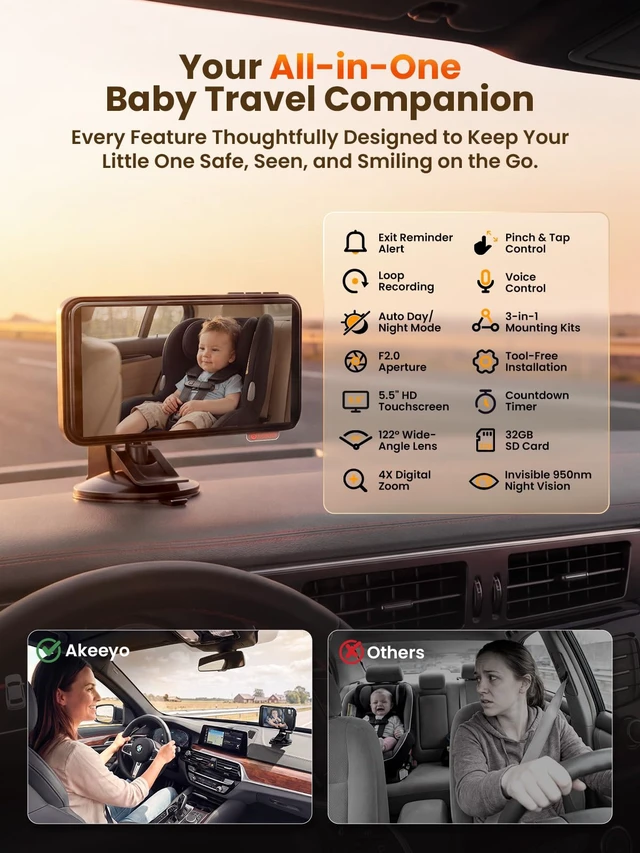Alt view image 2 of 7 - Baby Car Monitor, 5.5'' 1080P HD Touchscreen, 122° IR Night Vision Camera, Voice Control, App View, Back Seat Child Reminder Anti-Heatstroke, Parking Mode, 3 Mounts for Windshield/Vent/Headrest