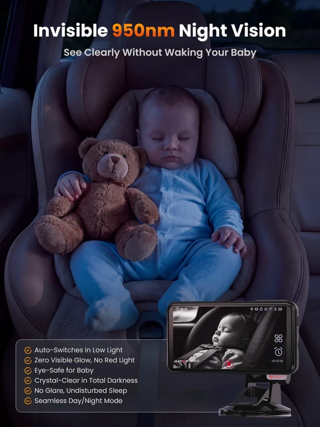 Alt view image 4 of 7 - Baby Car Monitor, 5.5'' 1080P HD Touchscreen, 122° IR Night Vision Camera, Voice Control, App View, Back Seat Child Reminder Anti-Heatstroke, Parking Mode, 3 Mounts for Windshield/Vent/Headrest