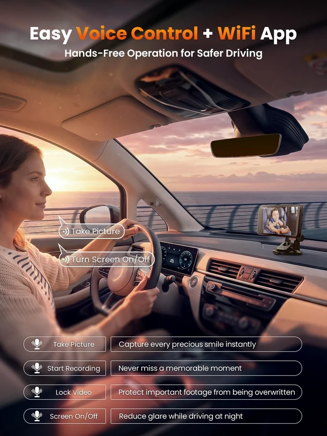 Alt view image 7 of 7 - Baby Car Monitor, 5.5'' 1080P HD Touchscreen, 122° IR Night Vision Camera, Voice Control, App View, Back Seat Child Reminder Anti-Heatstroke, Parking Mode, 3 Mounts for Windshield/Vent/Headrest