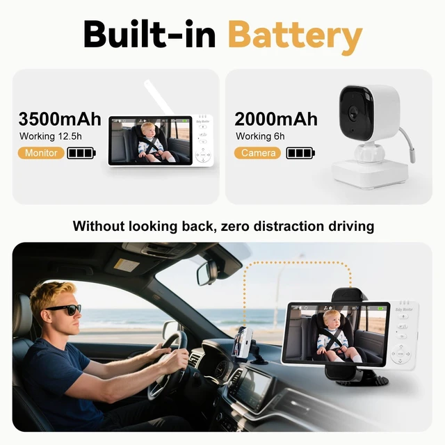 Alt view image 2 of 7 - Wireless Baby Car Camera Monitor Auto On/Off No Wifi | 2000mAh Camera 6H Runtime, 3500mAh Monitor 12.5H, Dual-Mode for Car/Home, Night Vision, Temp Alarm, VOX Mode, for New Parents