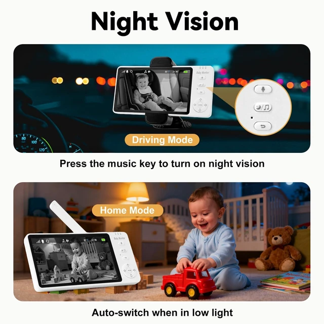 Alt view image 7 of 7 - Wireless Baby Car Camera Monitor Auto On/Off No Wifi | 2000mAh Camera 6H Runtime, 3500mAh Monitor 12.5H, Dual-Mode for Car/Home, Night Vision, Temp Alarm, VOX Mode, for New Parents