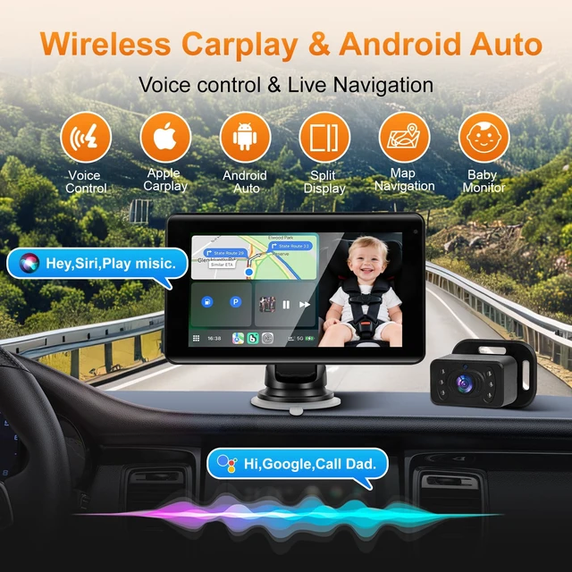 Alt view image 2 of 7 - Baby Car Camera with 7" Wireless CarPlay Screen -Supports Apple CarPlay & Android Auto, 1080P IR Night Vision car Camera for Babys, HD Touchscreen Baby Monitor with Split Display, Plug-and-Play