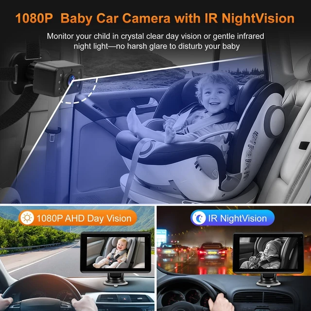 Alt view image 3 of 7 - Baby Car Camera with 7" Wireless CarPlay Screen -Supports Apple CarPlay & Android Auto, 1080P IR Night Vision car Camera for Babys, HD Touchscreen Baby Monitor with Split Display, Plug-and-Play