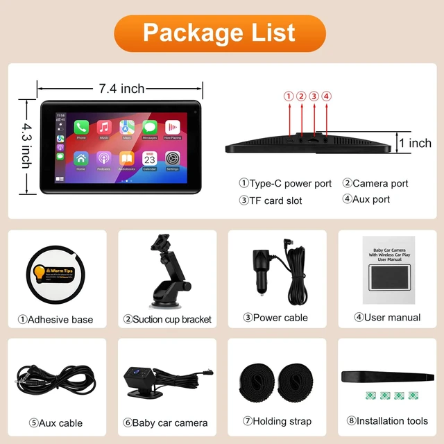 Alt view image 7 of 7 - Baby Car Camera with 7" Wireless CarPlay Screen -Supports Apple CarPlay & Android Auto, 1080P IR Night Vision car Camera for Babys, HD Touchscreen Baby Monitor with Split Display, Plug-and-Play