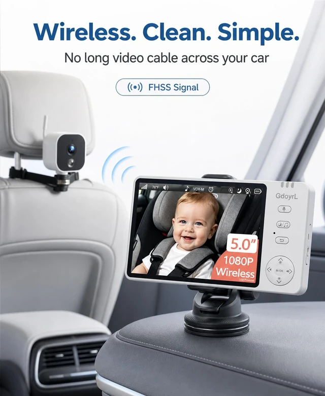 Alt view image 2 of 7 - Safe Driving Baby Car Camera Wireless 1080P, 5" Anti-Glare Monitor Keeps Eyes Forward Not Backseat, No-Glow Night Vision, 8 Lullabies, 2-Min No-Tool Install for Infant/Pet
