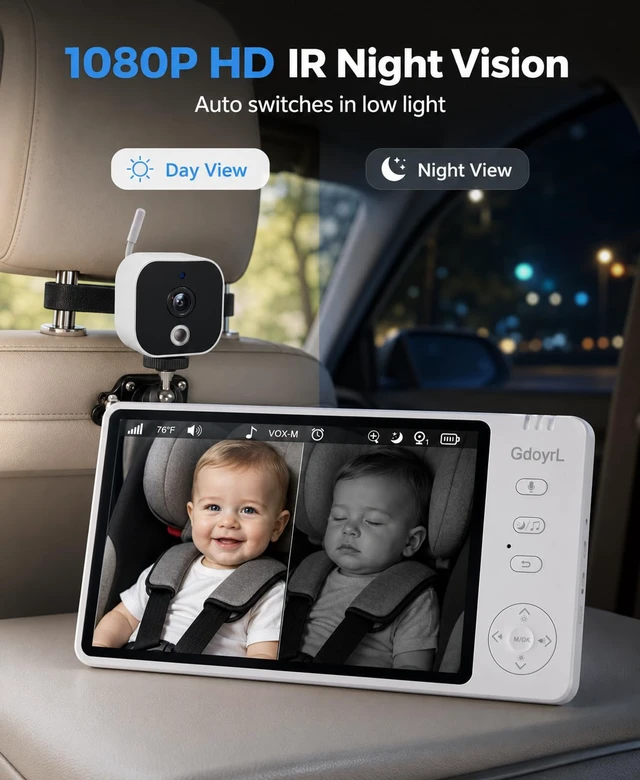 Alt view image 3 of 7 - Safe Driving Baby Car Camera Wireless 1080P, 5" Anti-Glare Monitor Keeps Eyes Forward Not Backseat, No-Glow Night Vision, 8 Lullabies, 2-Min No-Tool Install for Infant/Pet