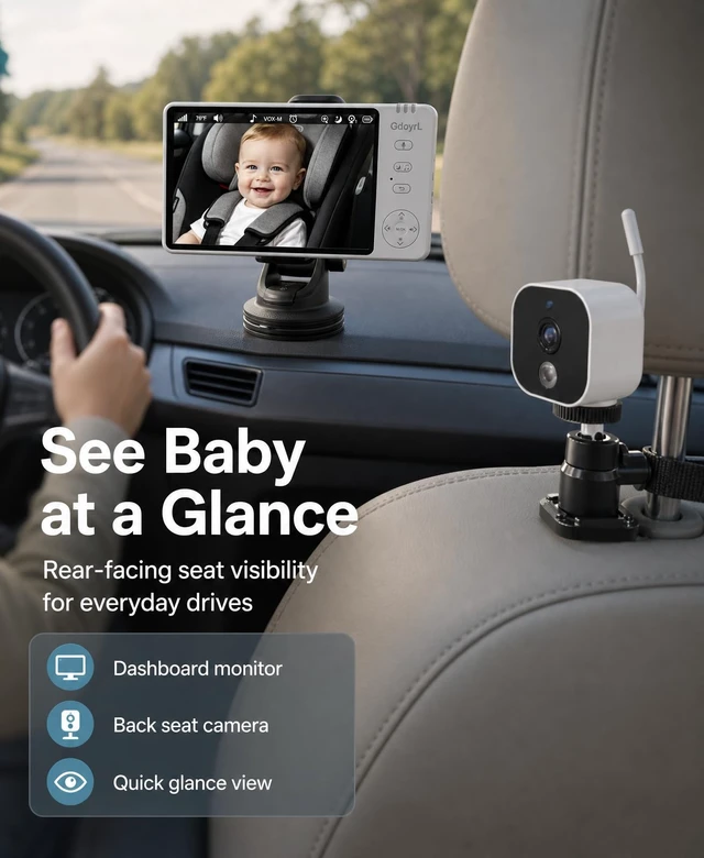 Alt view image 5 of 7 - Safe Driving Baby Car Camera Wireless 1080P, 5" Anti-Glare Monitor Keeps Eyes Forward Not Backseat, No-Glow Night Vision, 8 Lullabies, 2-Min No-Tool Install for Infant/Pet