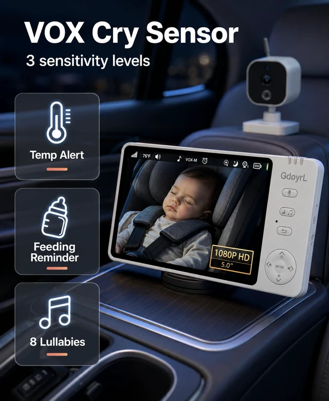 Alt view image 4 of 7 - Safe Driving Baby Car Camera Wireless 1080P, 5" Anti-Glare Monitor Keeps Eyes Forward Not Backseat, No-Glow Night Vision, 8 Lullabies, 2-Min No-Tool Install for Infant/Pet