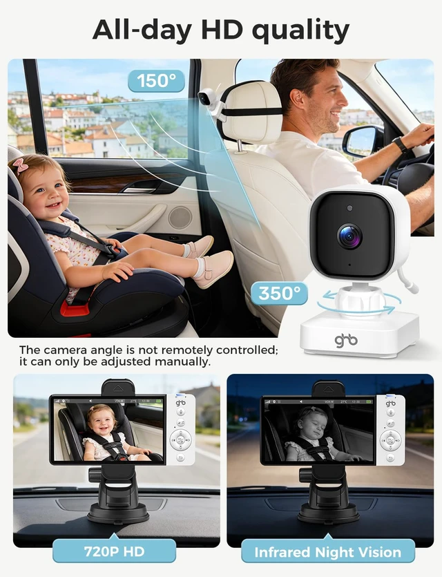 Alt view image 6 of 7 - Wireless Baby Car Camera 5" HD, 3500mAh Monitor 2000mAh Camera (Black) | Non WiFi, Temperature Alert, 720P Night Vision, VOX Mode, IPS Rear Facing Monitor for Home Pets