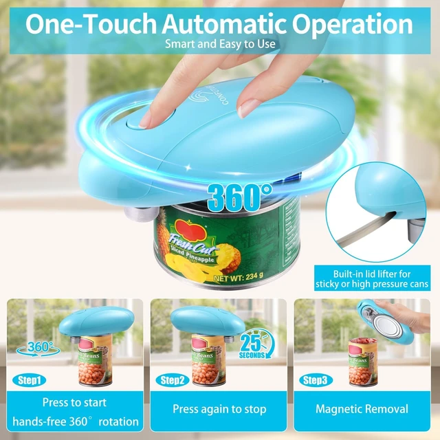 Alt view image 3 of 7 - Rechargeable Can Opener Electric for Seniors, One-Touch Design (Blue) | Smooth Edge Cutting, USB-C Charging, Angled Blade, Magnetic Lid Catch, ABS Body, Easy Operation, Hands-Free