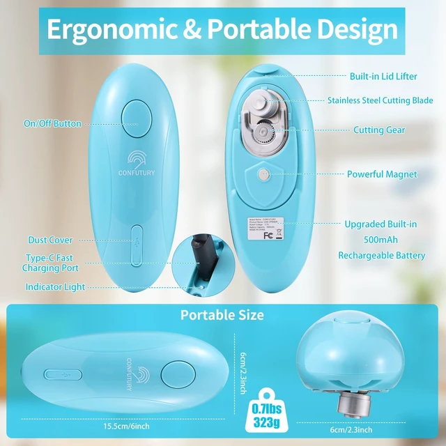 Alt view image 4 of 7 - Rechargeable Can Opener Electric for Seniors, One-Touch Design (Blue) | Smooth Edge Cutting, USB-C Charging, Angled Blade, Magnetic Lid Catch, ABS Body, Easy Operation, Hands-Free