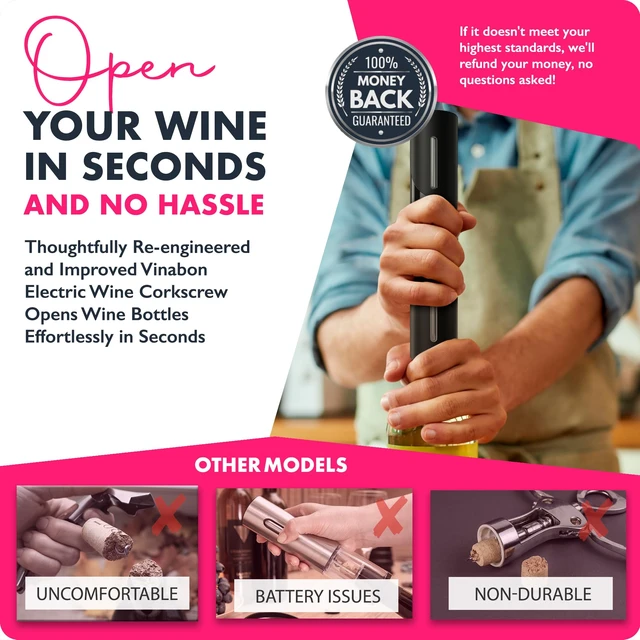 Alt view image 3 of 7 - Battery-Operated Wine Opener - Updated 2026 Electric Wine Bottle Opener with Wine Foil Cutter - One-Click Reusable Automatic Electronic Wine Opener Corkscrew. Includes WineGuide Ebook