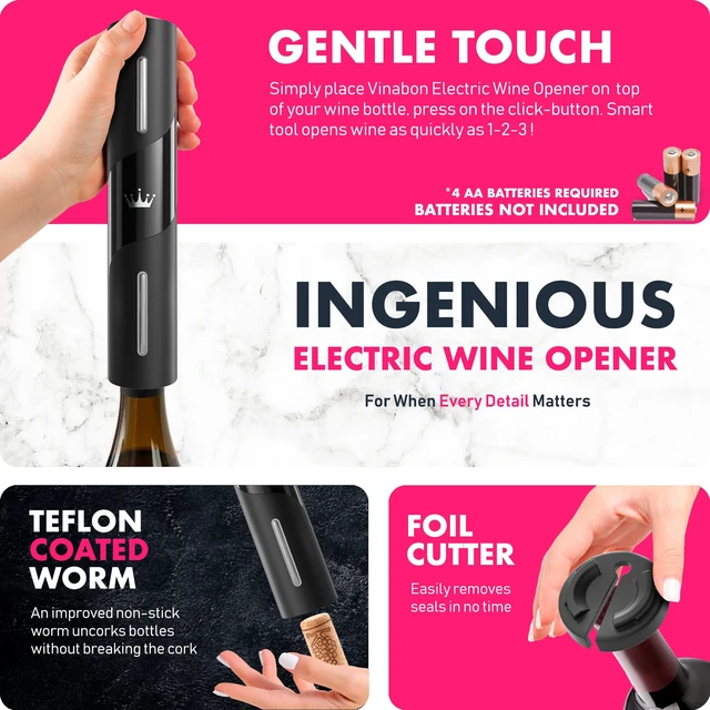 Alt view image 4 of 7 - Battery-Operated Wine Opener - Updated 2026 Electric Wine Bottle Opener with Wine Foil Cutter - One-Click Reusable Automatic Electronic Wine Opener Corkscrew. Includes WineGuide Ebook