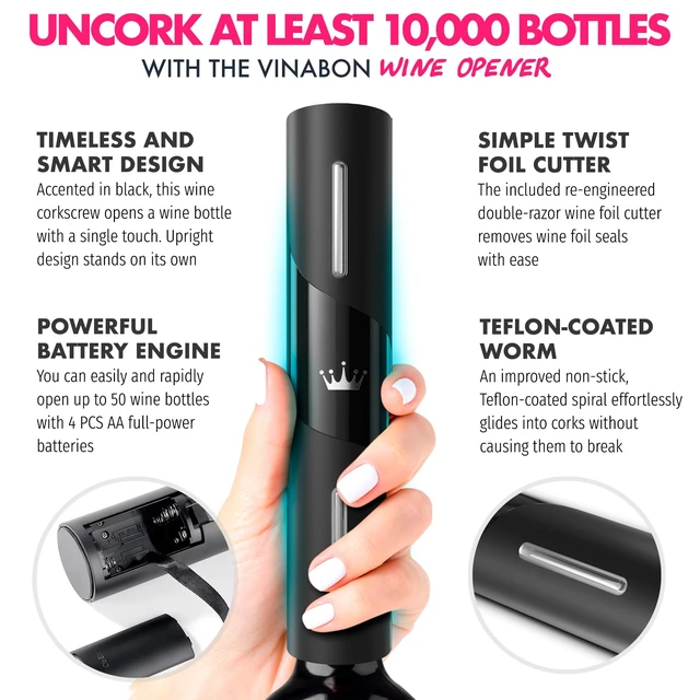 Alt view image 5 of 7 - Battery-Operated Wine Opener - Updated 2026 Electric Wine Bottle Opener with Wine Foil Cutter - One-Click Reusable Automatic Electronic Wine Opener Corkscrew. Includes WineGuide Ebook