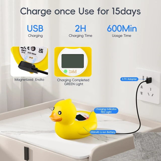 Alt view image 4 of 7 - Baby Bath Thermometer - USB Rechargeable (Classic Charging Duck) | Instant & Accurate Temperature Readings, Waterproof, Digital Water Temperature Monitor for Toddlers, Floating Toy for Newborn