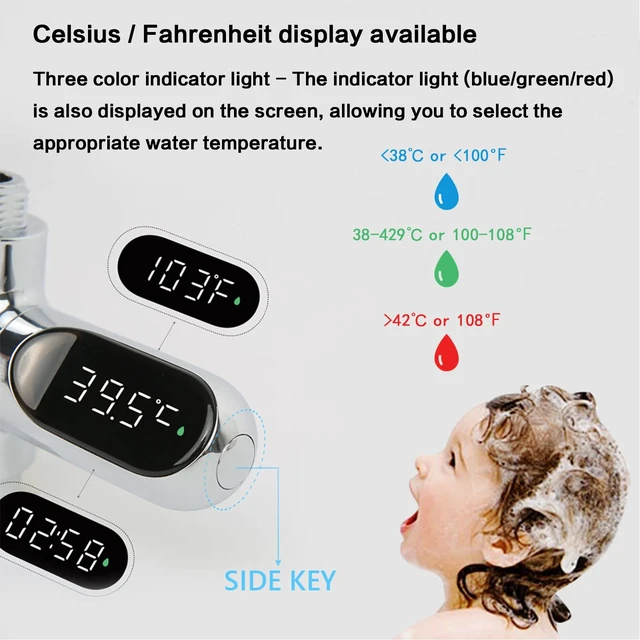 Alt view image 4 of 7 - Shower Thermometer, 360 LED Display Water Temp Gauge for Baby Bath