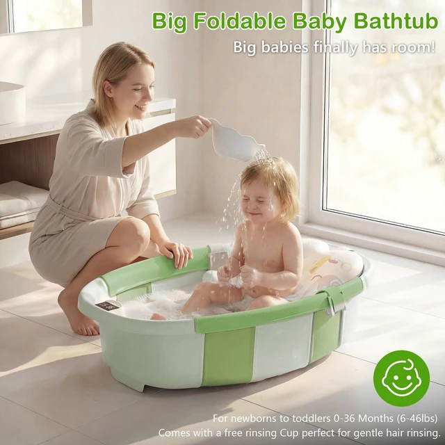 Alt view image 2 of 7 - Collapsible Baby Bathtub - Large Baby Bath Tub with Thermometer | Bath Essential Bañera para Bebe Easy Fold Baby Tub | Travel Infant Newborn Toddler Bathtub for Baby Girl Boy 0 to 36 Months(Green)