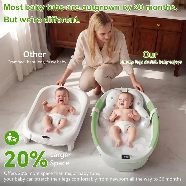 Alt view image 3 of 7 - Collapsible Baby Bathtub - Large Baby Bath Tub with Thermometer | Bath Essential Bañera para Bebe Easy Fold Baby Tub | Travel Infant Newborn Toddler Bathtub for Baby Girl Boy 0 to 36 Months(Green)