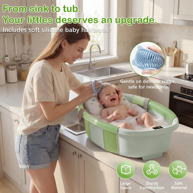 Alt view image 4 of 7 - Collapsible Baby Bathtub - Large Baby Bath Tub with Thermometer | Bath Essential Bañera para Bebe Easy Fold Baby Tub | Travel Infant Newborn Toddler Bathtub for Baby Girl Boy 0 to 36 Months(Green)